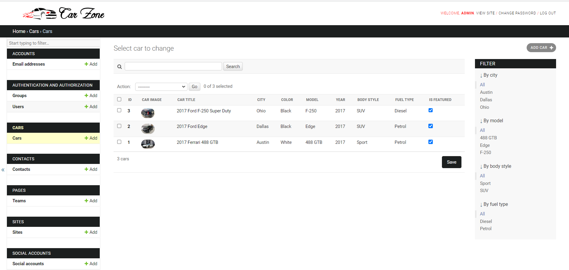ตัวอย่างหน้า Admin หลังบ้านที่ทำการ Customize แล้ว